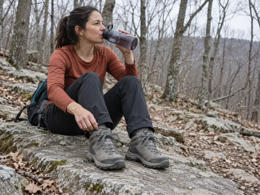 Woman resting on a flat rock beside a level trail with a hand on the collar of her mid-height lightweight hiking boot