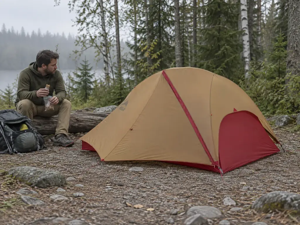 MSR FreeLite 2 semi-freestanding tent pitched on a stony campsite with a hiker sitting on a log beside it