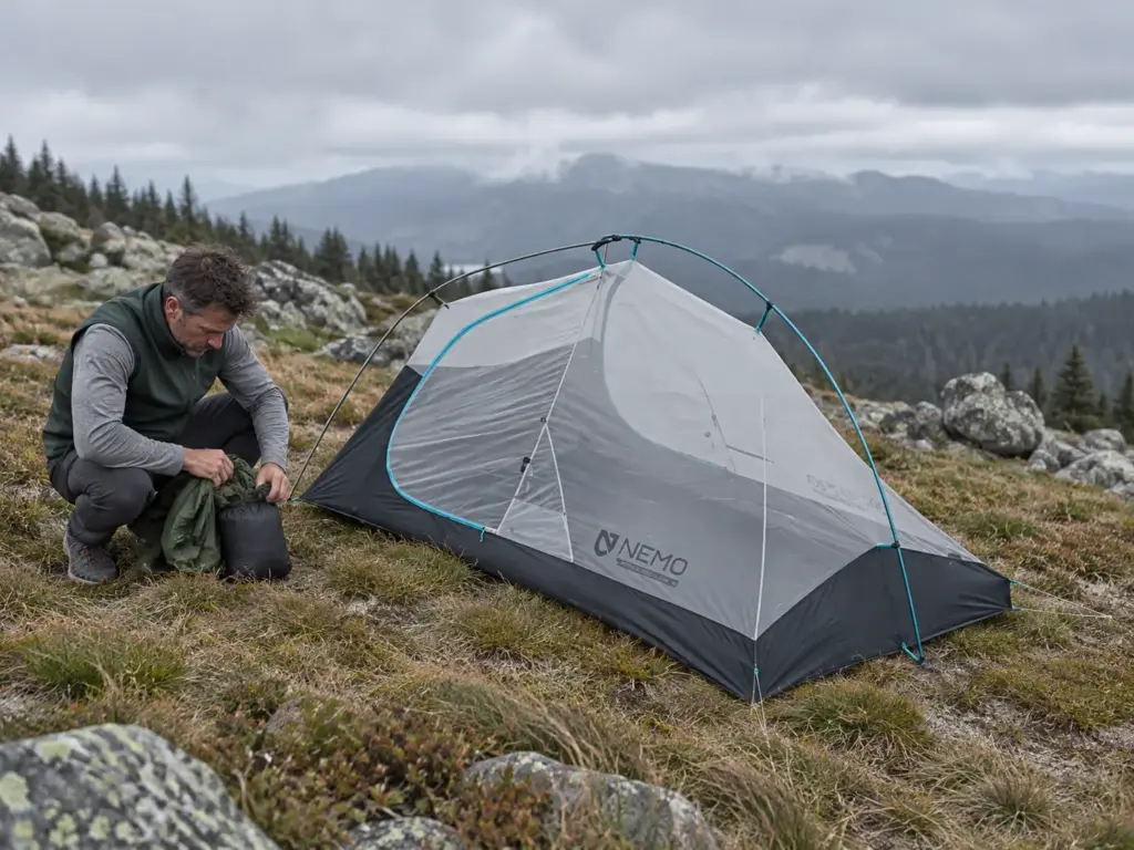Hiker stuffing a rain jacket by the vestibule of a NEMO Hornet Elite OSMO 2P semi-freestanding tent on a breezy meadow