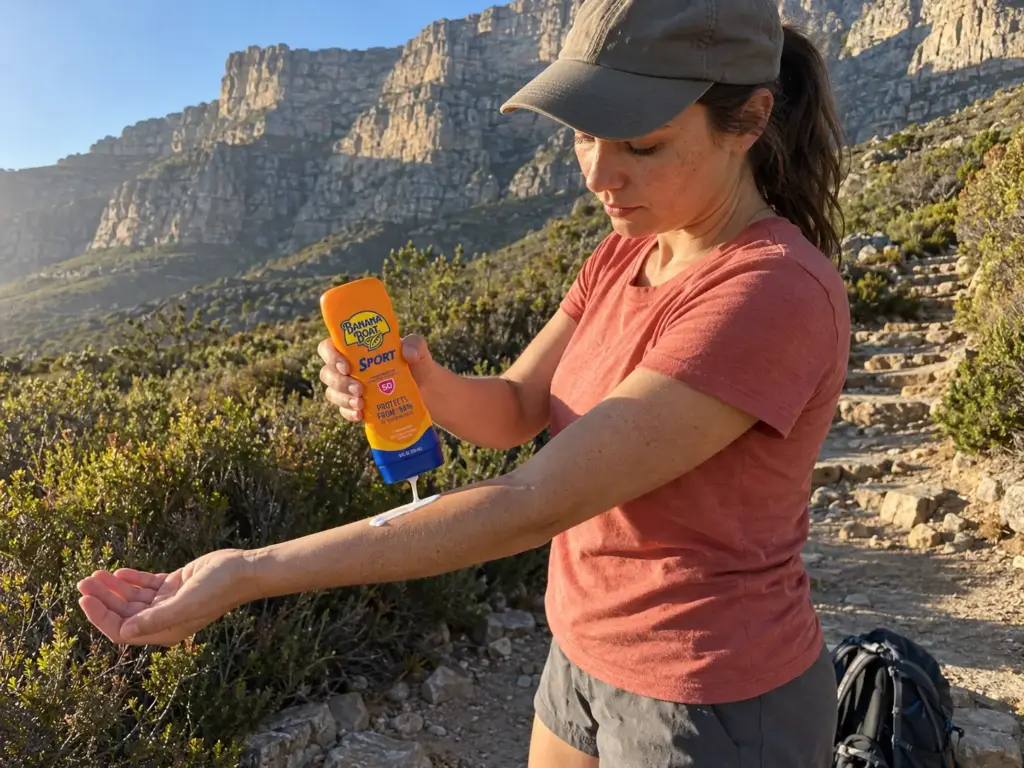 Woman rubs Banana Boat Sport SPF 50 sunscreen onto her forearm in early sun at the Platteklip Gorge trailhead