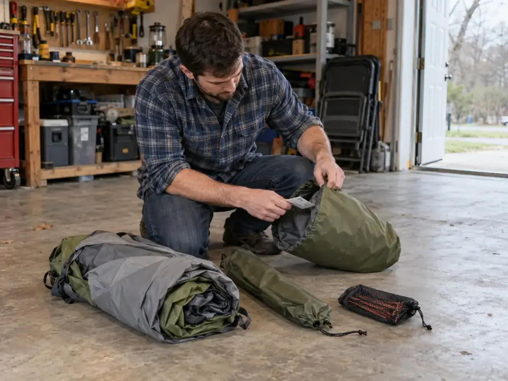 Man kneeling on a garage floor emptying a new tent bag to see what is in the box before comparing prices