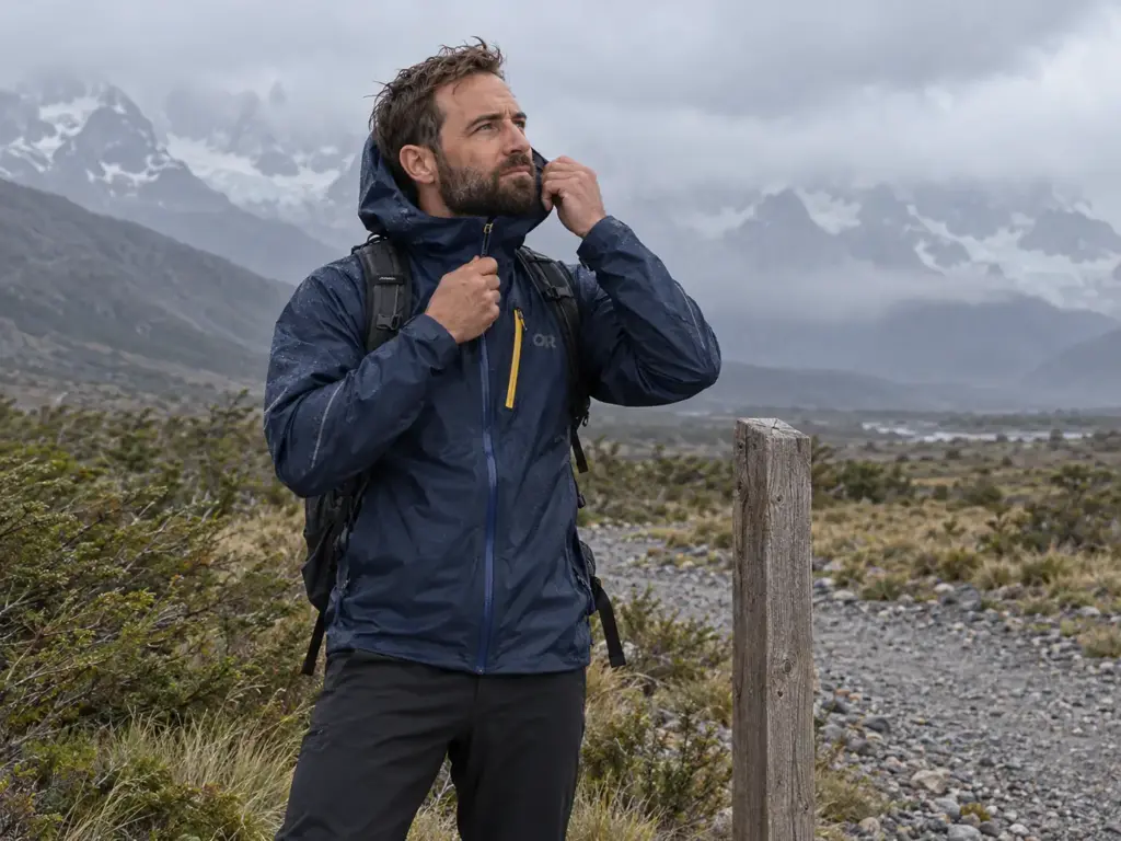 Hiker zipping a rain shell beside a trail marker as cloud closes in on the ridge near El Chaltén in Patagonia