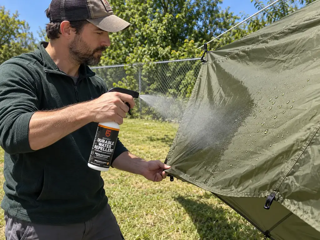 Man spraying Revivex DWR on a pitched rainfly outdoors so water beads and rolls off the nylon