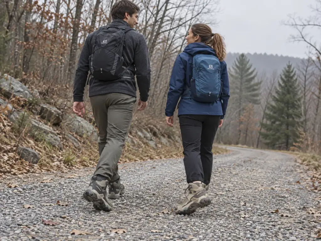 Man and woman walking a gravel fire road in men's and women's Salomon X Ultra 5 Mid GTX boots, seen from behind