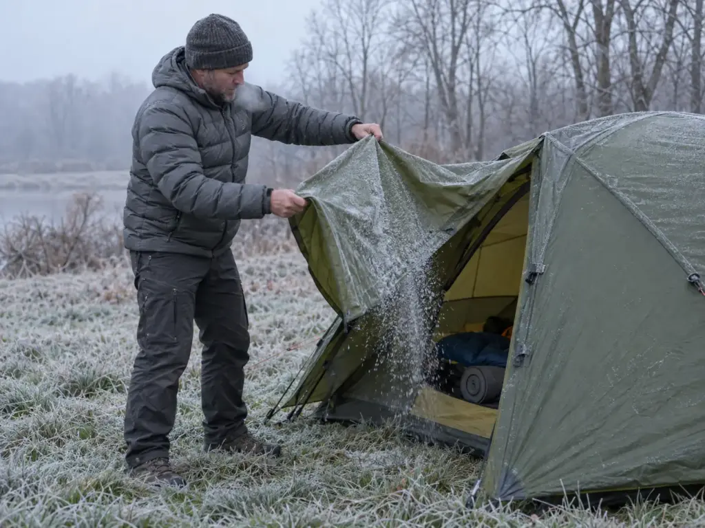 Camper shaking frost off the open door panel of a tent fly on a cold morning to deal with cold weather condensation