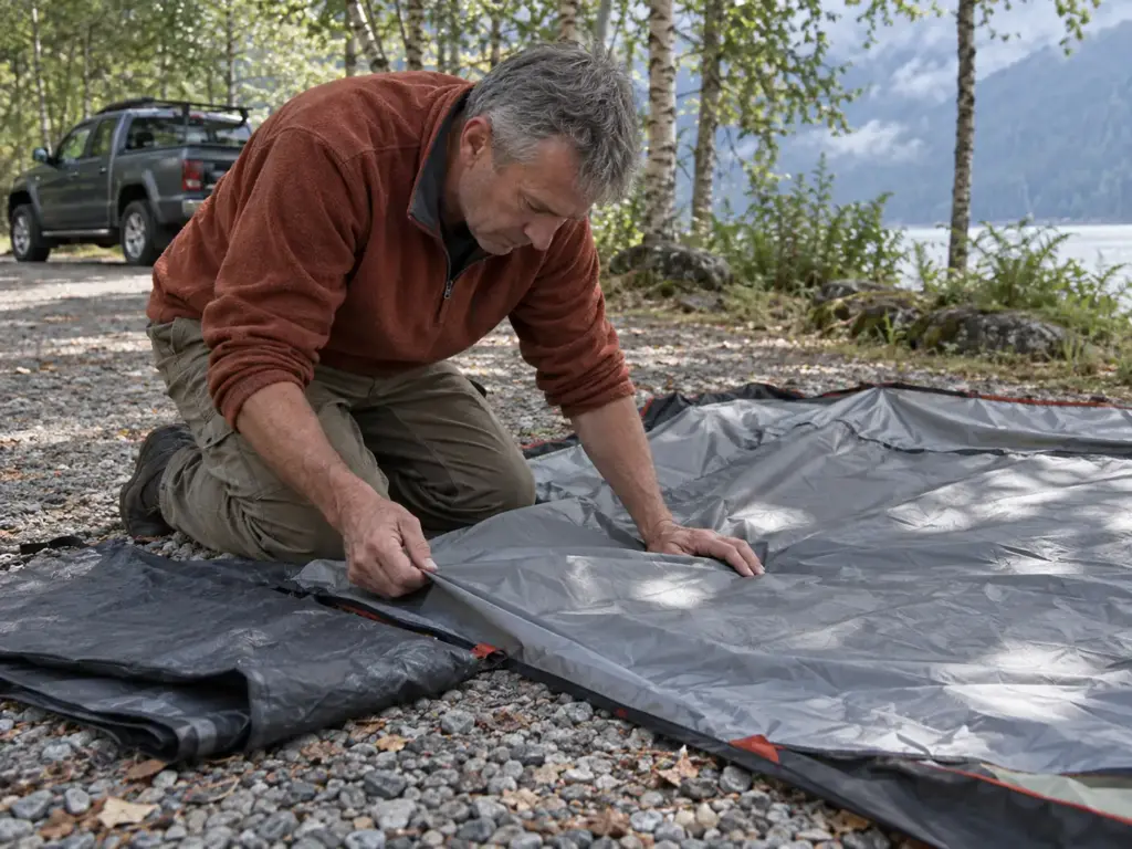 Hands of a man in his 50s checking the floor fabric of an unpitched backpacking tent beside a folded footprint
