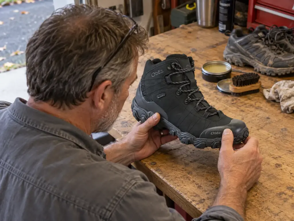 Man in a garage running his thumb along the leather upper and stitching of an Oboz Bridger Mid B-DRY hiking boot