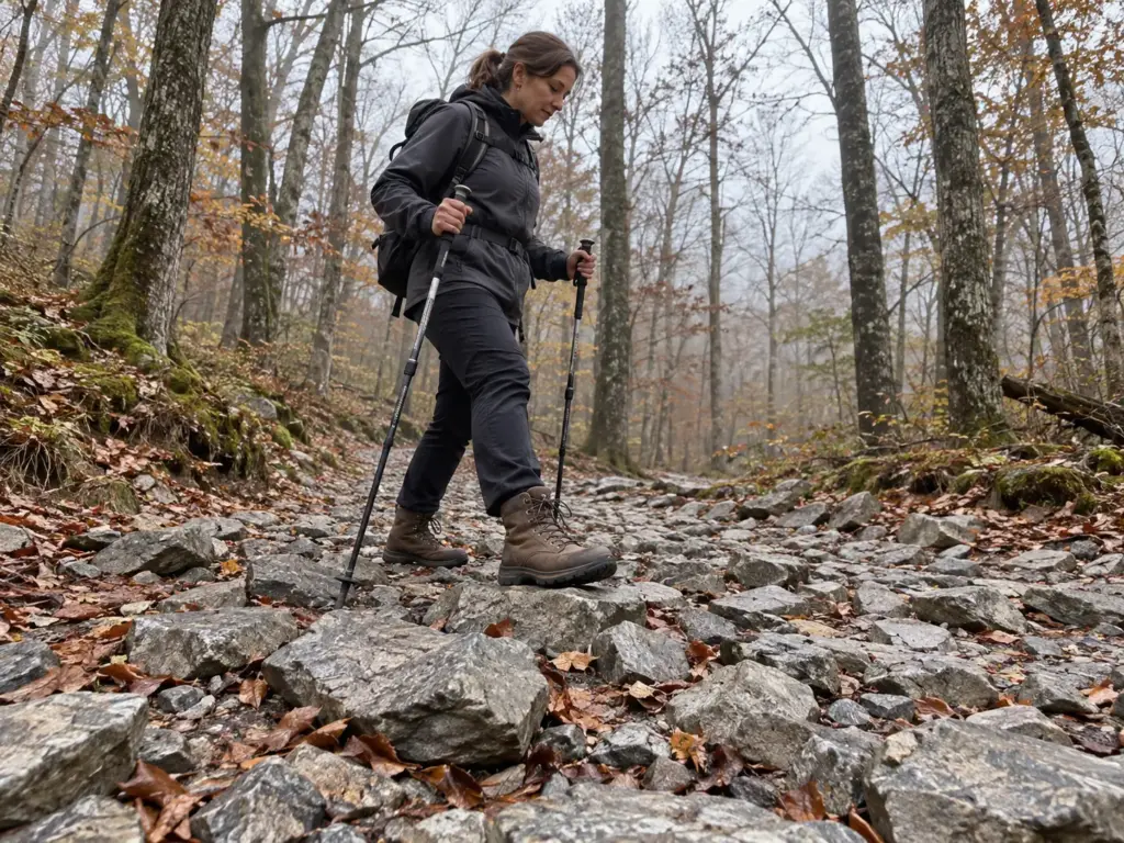 Woman hiker in plain leather hiking boots picking her way across a stretch of loose angular stones on a forest trail