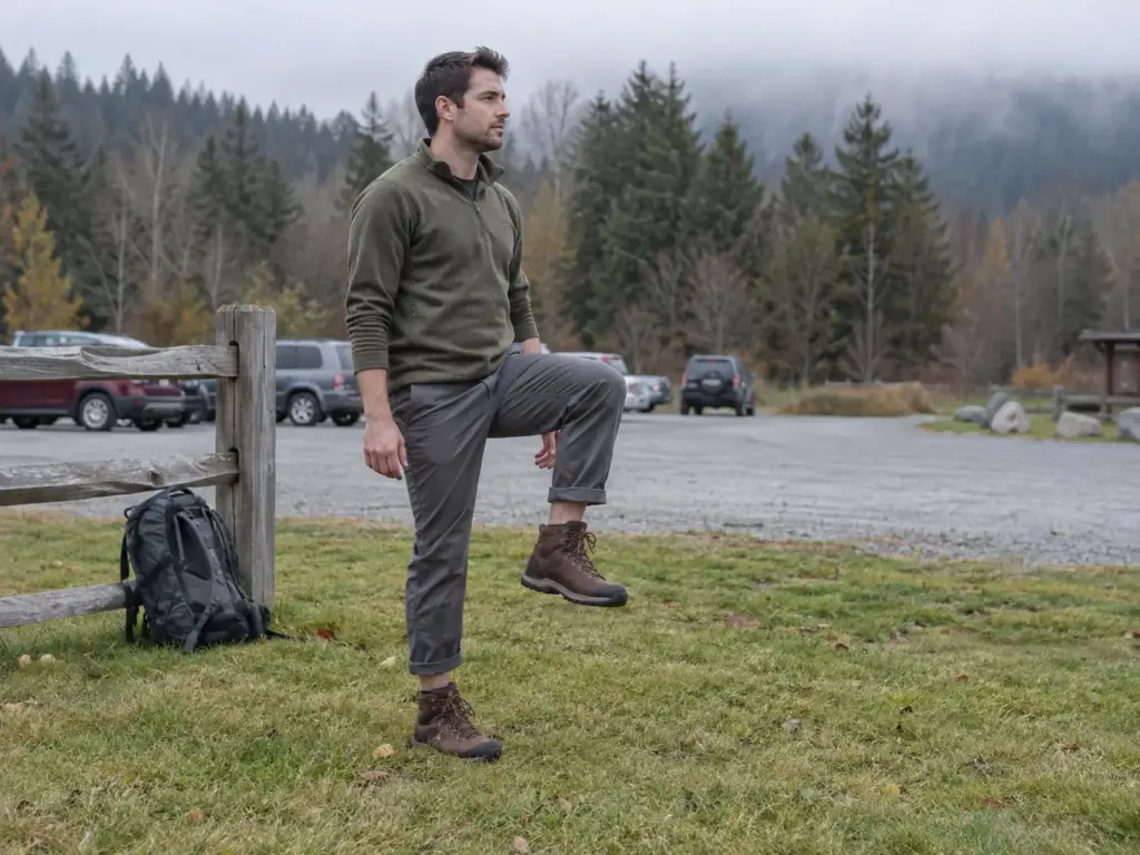 Hiker in hiking boots practicing a single-leg balance on a flat grassy patch at a trailhead to train ankle stability