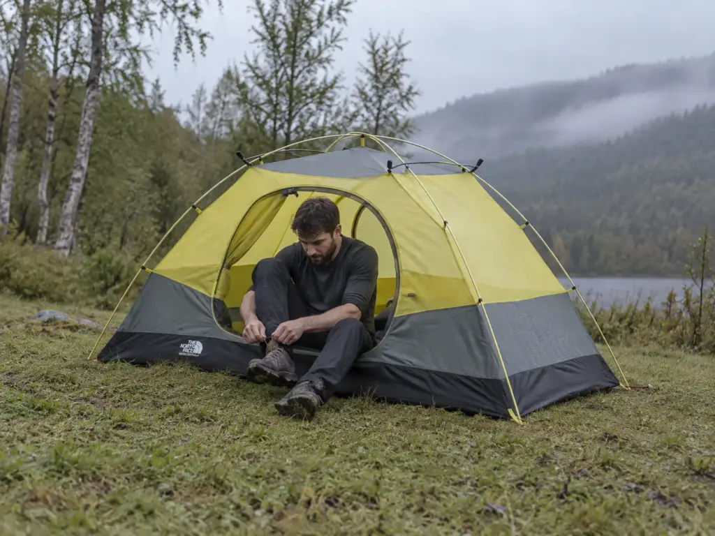 Man in his 30s lacing his trail shoes at the open door of a pitched backpacking tent at a grey-sky campsite