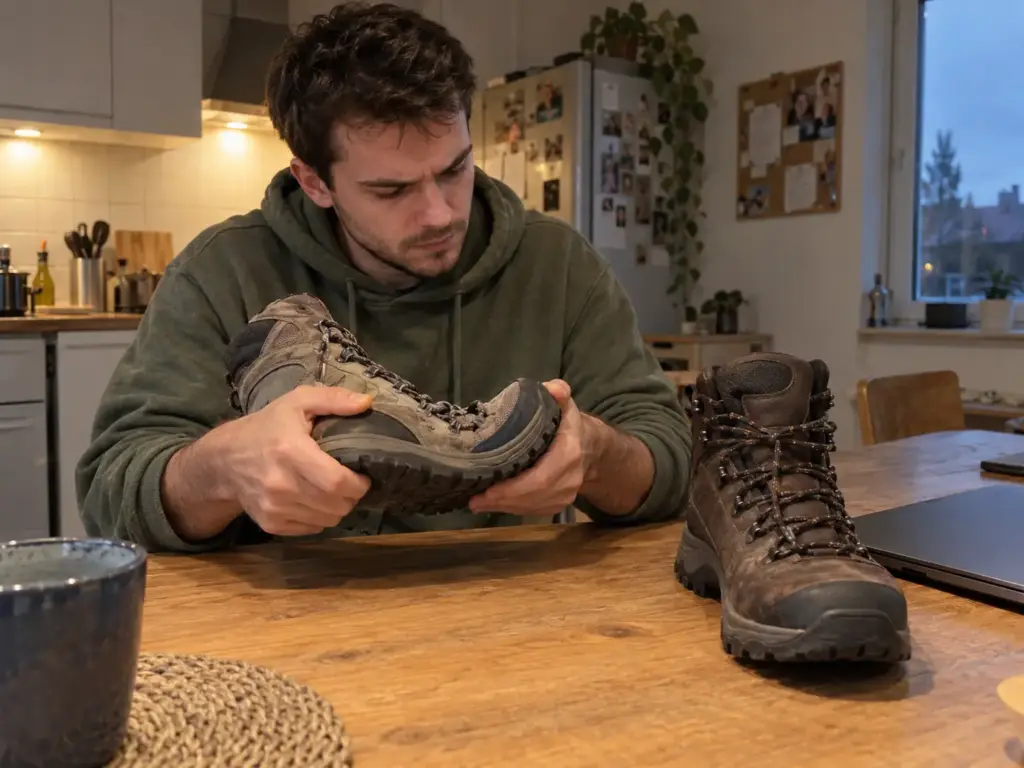 A man compares the sole flex of two mid-cut hiking boots on a kitchen table while weighing a first-boot budget