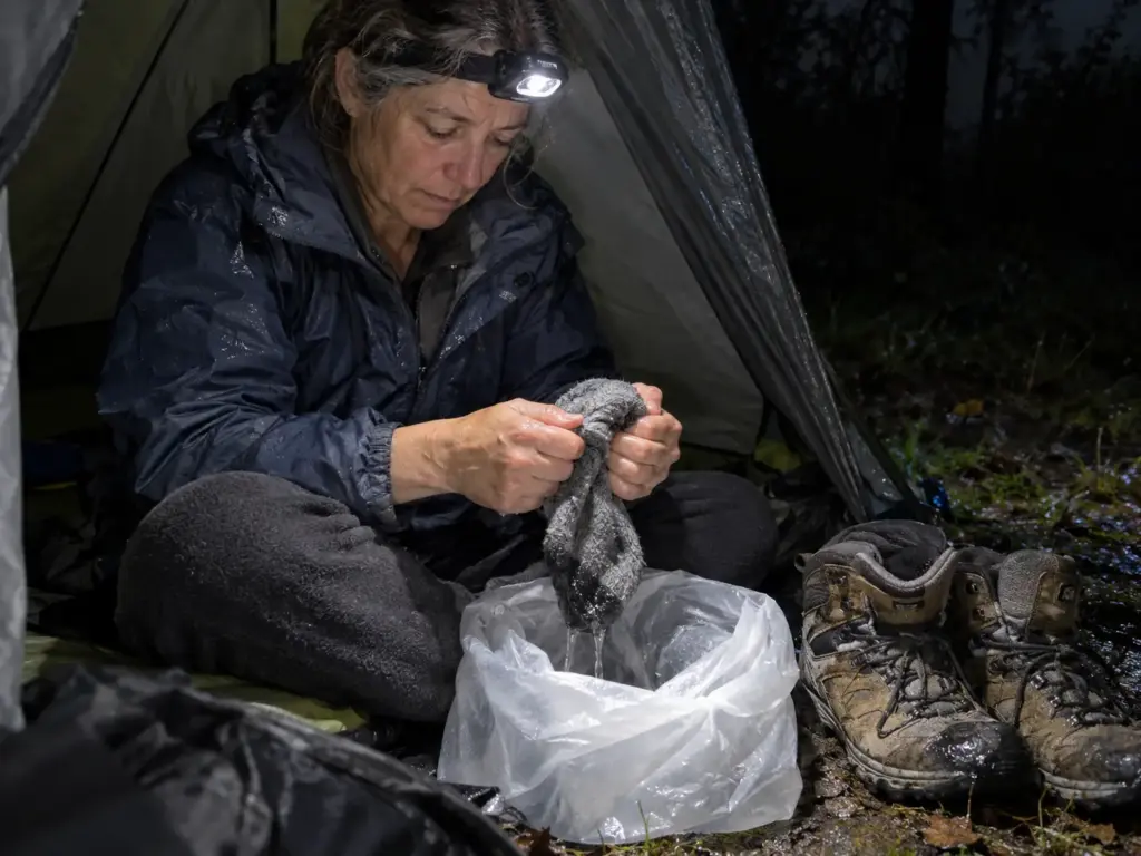Woman wringing a damp wool sock in a tent vestibule with her hiking boots beside her after a wet day on the trail