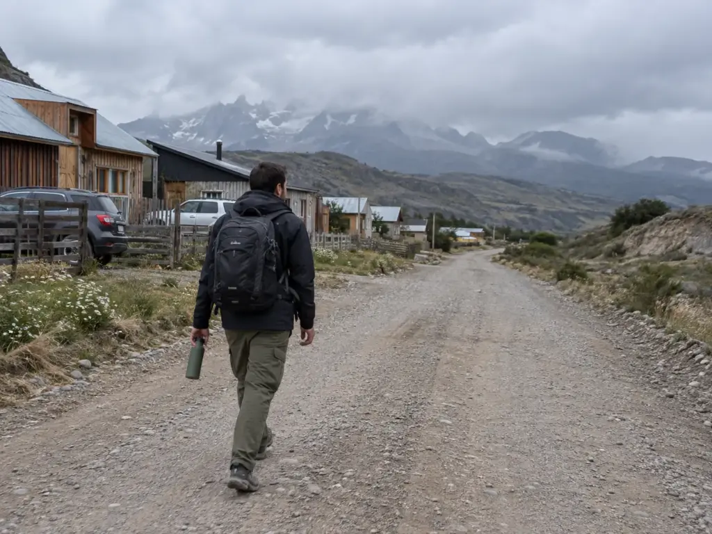 Hiker walking an unpaved street at the edge of El Chaltén toward the trailhead on foot, no tour and no rental car