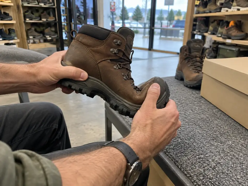 Hands flexing a leather hiking boot at the forefoot on a shoe-store bench to check how the sole is built