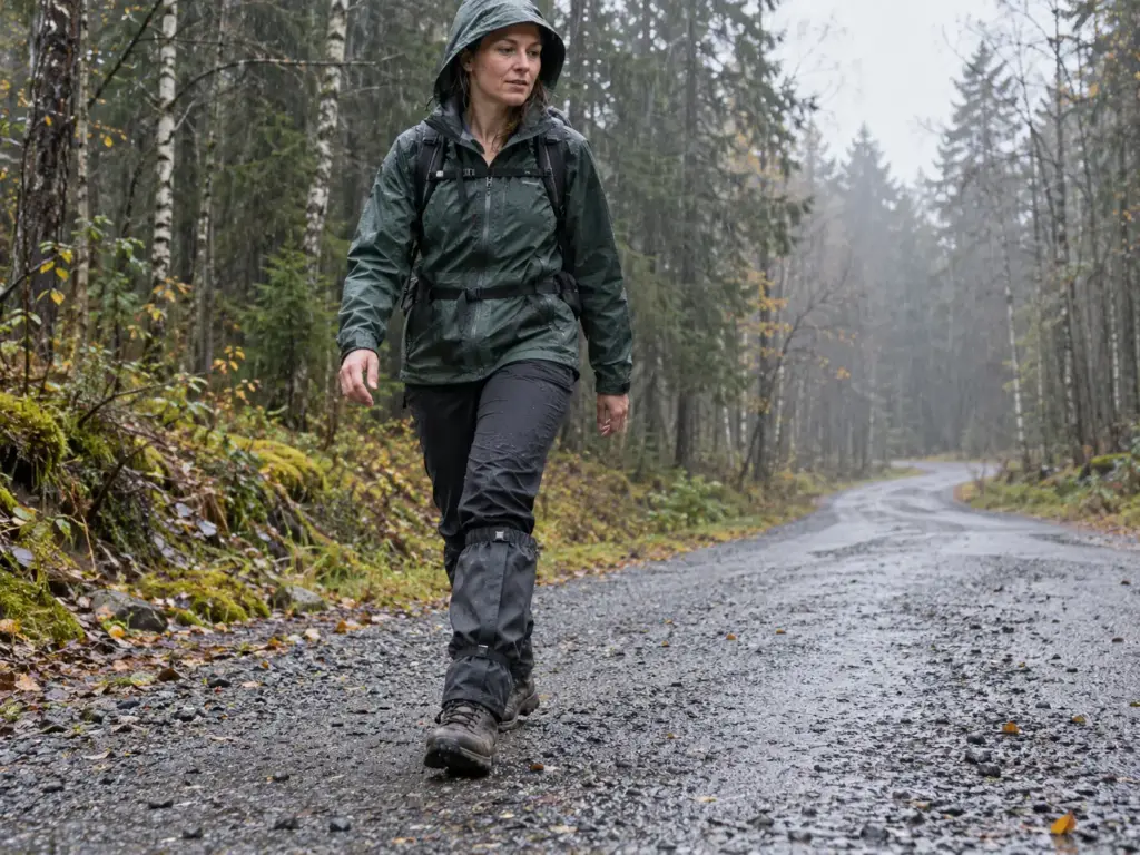 Hiker in trail gaiters and waterproof hiking boots walking a wet gravel forest road in steady rain
