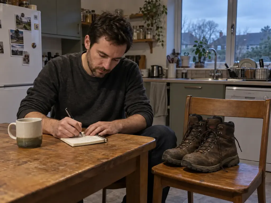 Man in his 30s at a kitchen table writing a wear log beside a pair of hiking boots during the week-two checkpoint