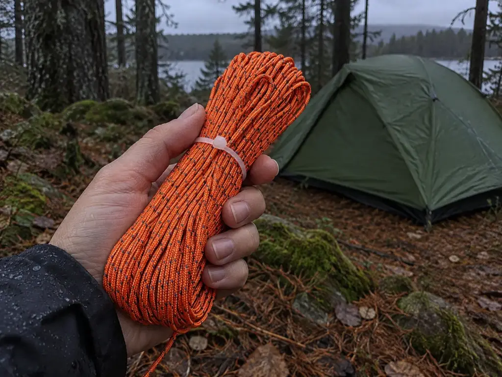 Woman's hand holding a loose hank of reflective guyline cord with a pitched tent behind it at dusk