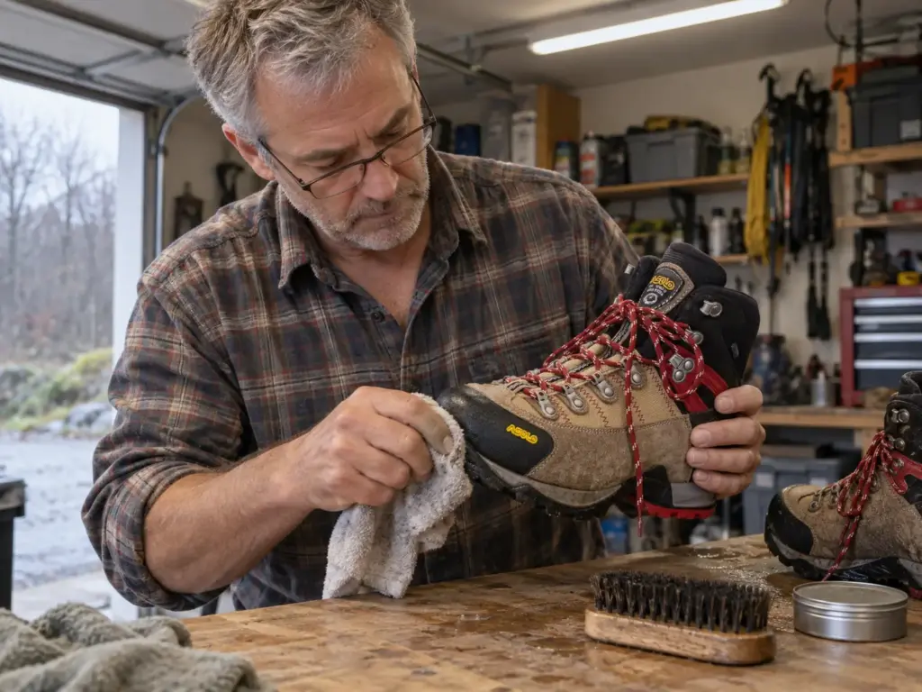 Man wiping the sole seam of an Asolo Fugitive GTX men's leather hiking boot at a garage workbench after a wet hike