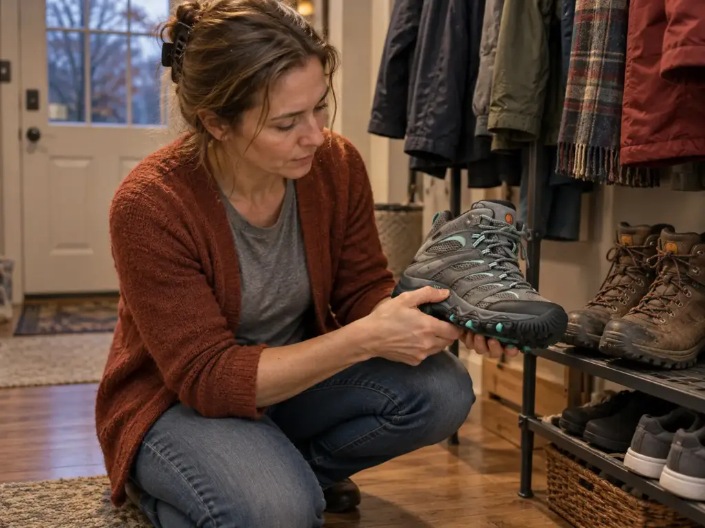 Woman pressing the midsole of a Merrell Moab 3 Mid GTX hiking boot beside an older leather pair on a mudroom shelf