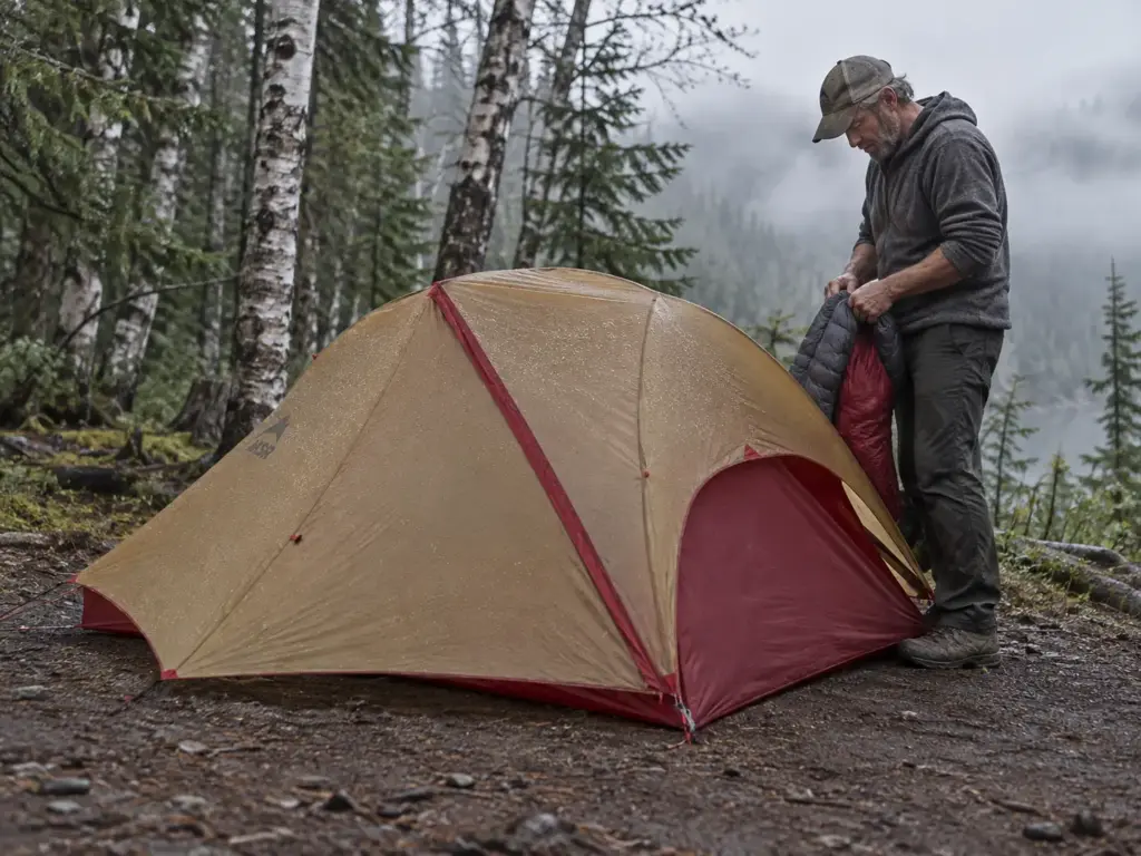 Man shaking out a sleeping bag at the door of a pitched MSR FreeLite 2 two-person ultralight tent after a rain shower