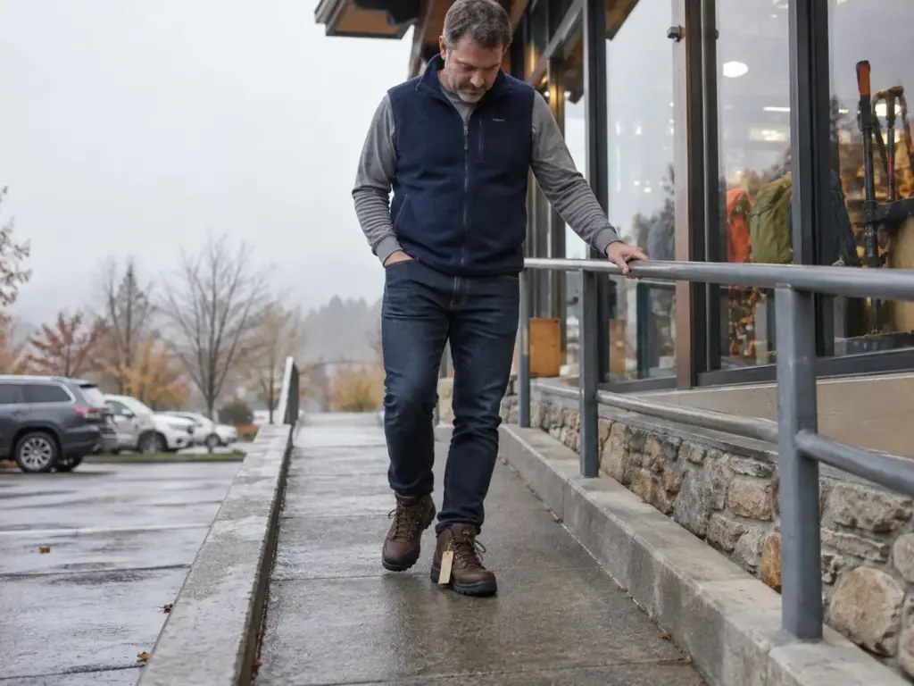 Man testing new hiking boots by walking down a short concrete ramp beside an outdoor gear shop, hand on the rail
