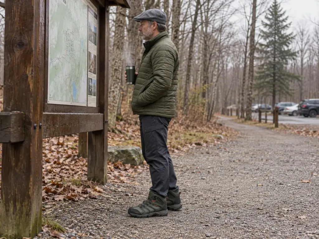 Man in NORTIV 8 Waterproof Ankle High hiking boots reading a trail map board at a county park trailhead