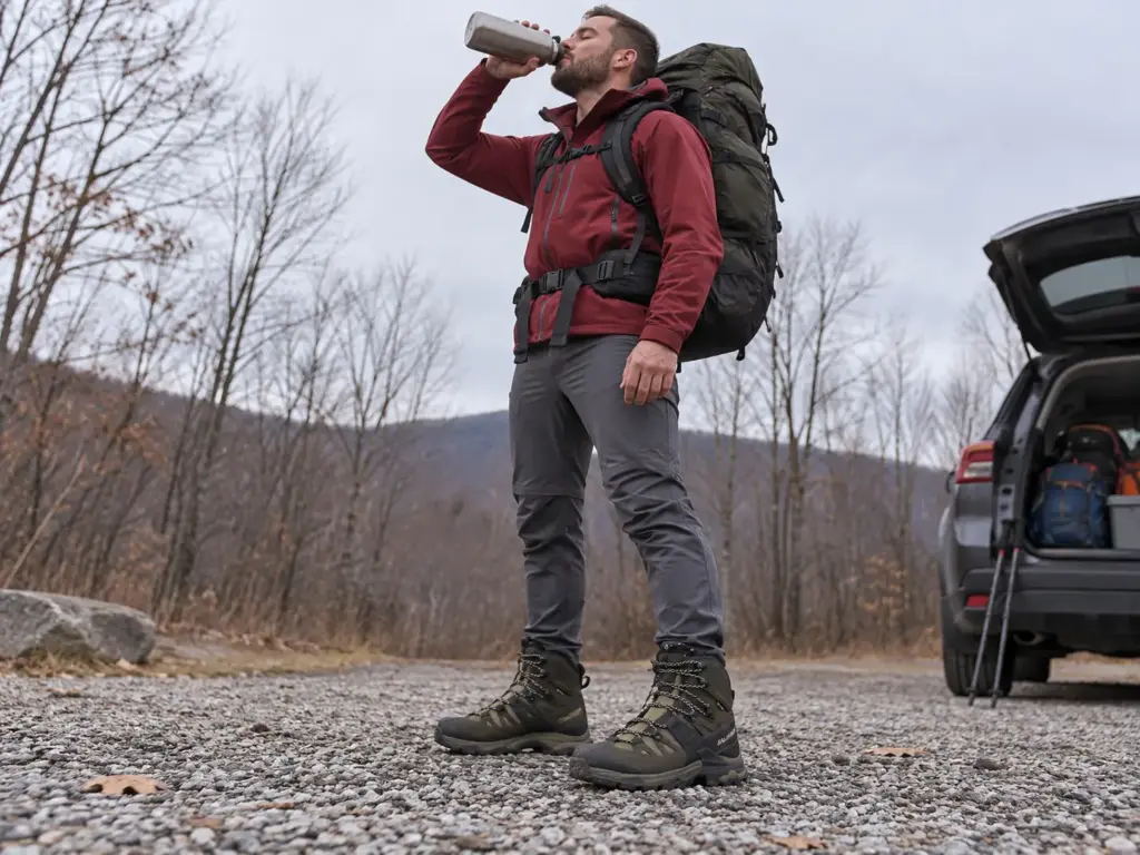 Man in his thirties with a loaded multi-day pack and Salomon Quest 4 GTX boots drinking water at a trailhead lot