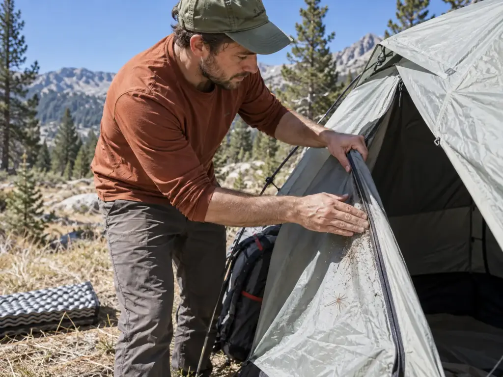Backpacker shaking pine needles out of the door track of a pitched tent before packing up camp