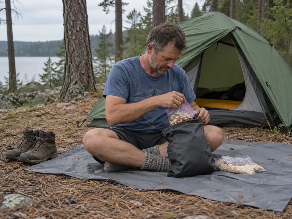 Hiker sitting on a plain grey groundsheet in front of his tent, boots off, sorting a food bag before dinner at camp
