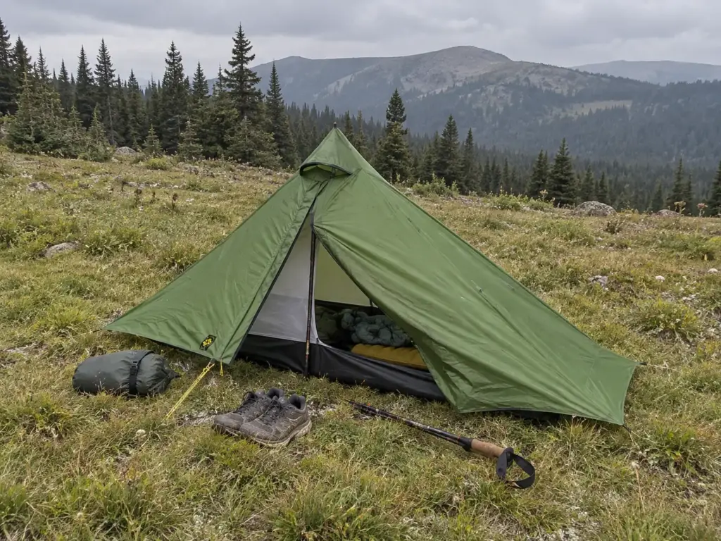 Six Moon Designs Lunar Solo trekking-pole tent pitched at the edge of a meadow with a single pole holding up its apex