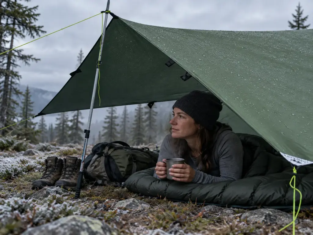 Woman holding a mug in her sleeping bag under a low pitched silnylon tarp at dawn with condensation on the fabric