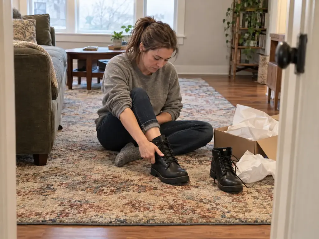 Woman in her 30s seated on a living-room floor pressing her thumb on the toe box of a black steel-toe boot she is trying on