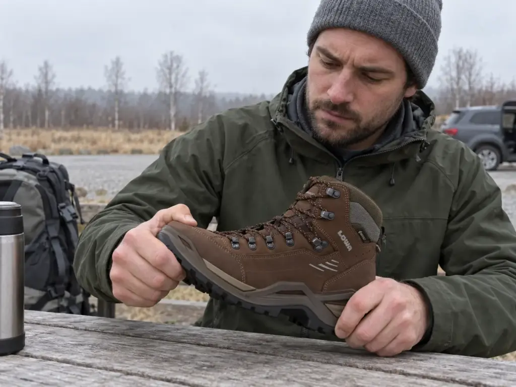 Man at a picnic table twisting a Lowa Renegade EVO GTX Mid hiking boot by the toe and heel to test how stiff the sole is