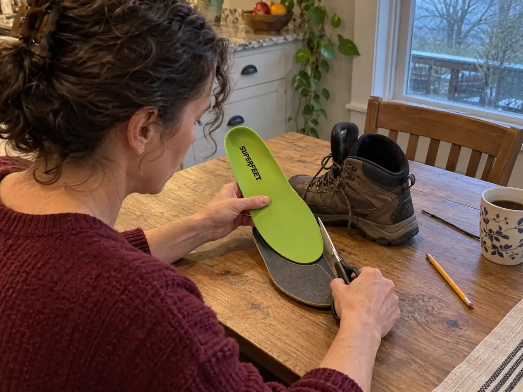 Woman trimming a Superfeet All-Purpose High Arch insole to fit her hiking boot at a kitchen table