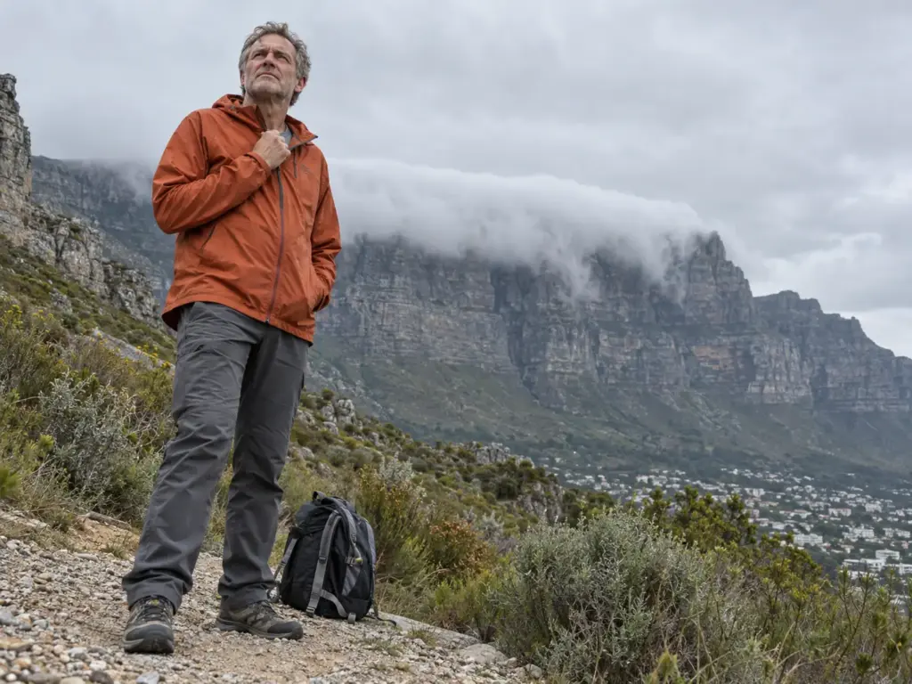 Man in a windbreaker holds its collar closed and looks up at cloud covering the top of Table Mountain from the path below