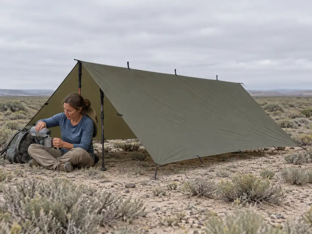 Woman sitting beside a low-pitched silnylon tarp on open scrub ground where there are no trees to hang a hammock from