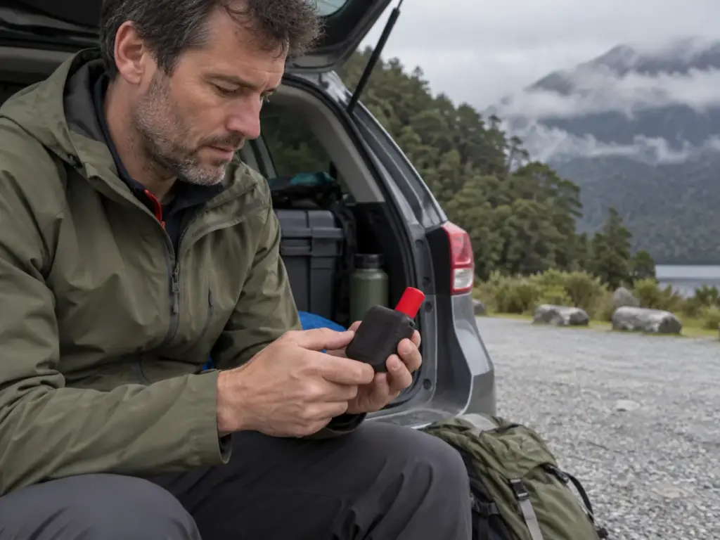 Man holding a Garmin inReach Mini 3 Plus on the open boot of a car at a carpark near Te Anau in Fiordland