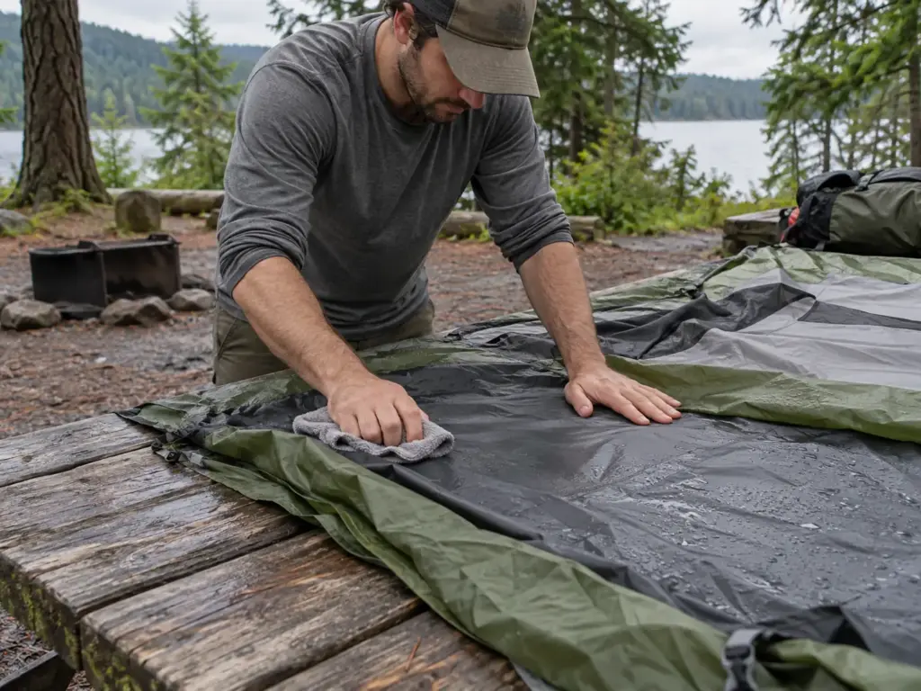 Man drying the underside of a tent floor and fly on a campsite picnic table after a wet night, checking the fabric