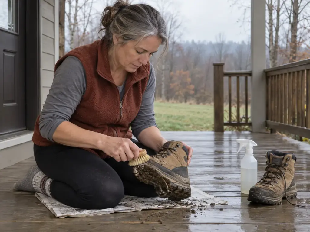 Woman brushing dried mud off a women's hiking boot on a porch step before treating the water-repellent finish