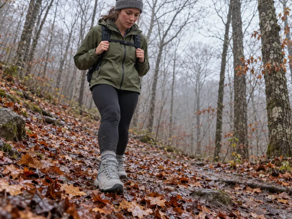 Woman walking down a leaf-covered forest trail after rain wearing Columbia Women's Newton Wander hiking boots