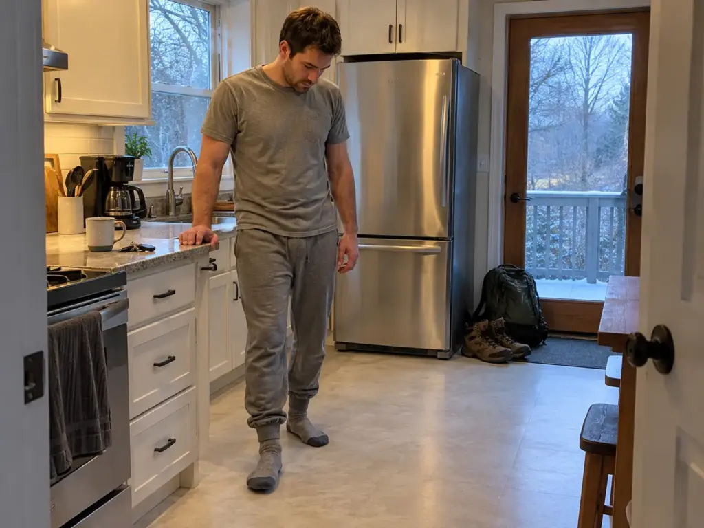 Man taking his first morning steps in socks on a kitchen floor to check his heel, hiking boots waiting by the door