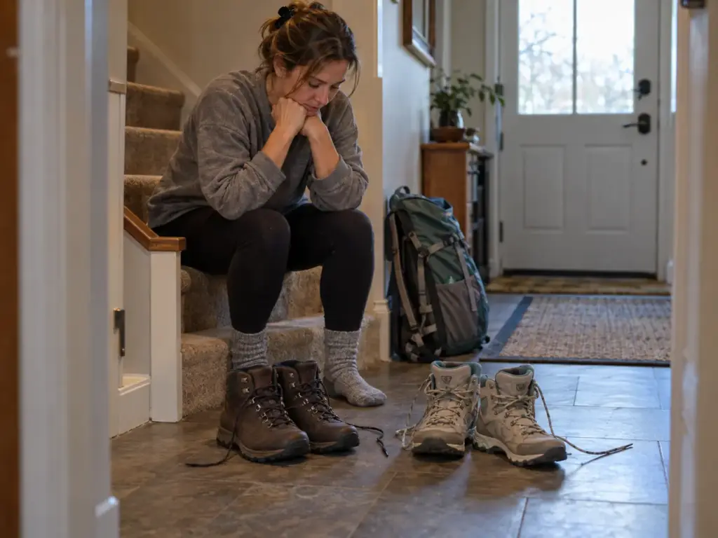 Woman on a hallway stair weighing two pairs of hiking boots beside a half-packed daypack before a trip
