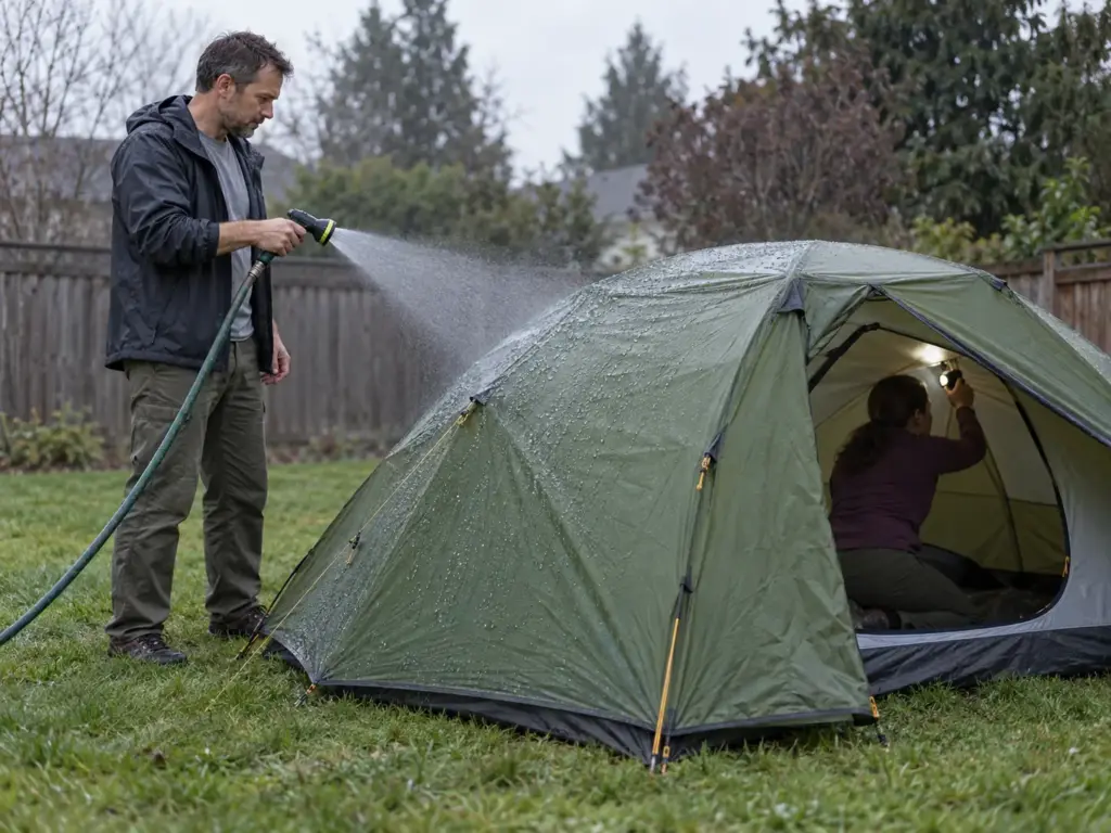 Man testing a sealed backpacking tent with a fine garden hose mist while checking the seams from inside