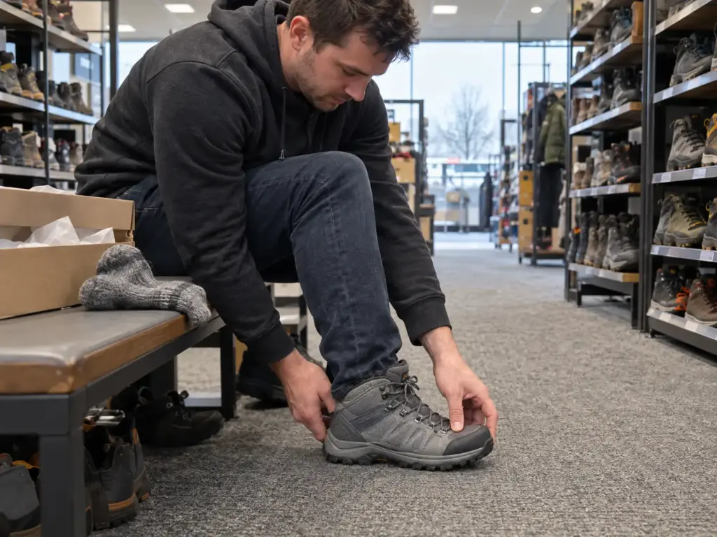 Man seated in a store pressing his thumb on the toe of a lightweight hiking boot to check how much room his toes have