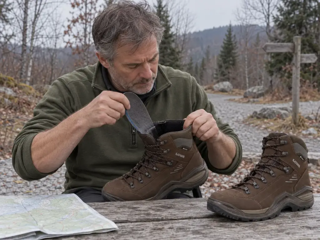 Hiker pulling the insole out of his Lowa Renegade EVO GTX Mid hiking boot at a picnic table beside a trail junction