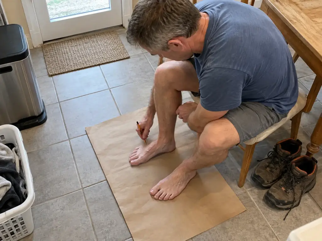 Man in his 40s tracing the outline of both bare feet on paper to compare sizes before judging new hiking boots