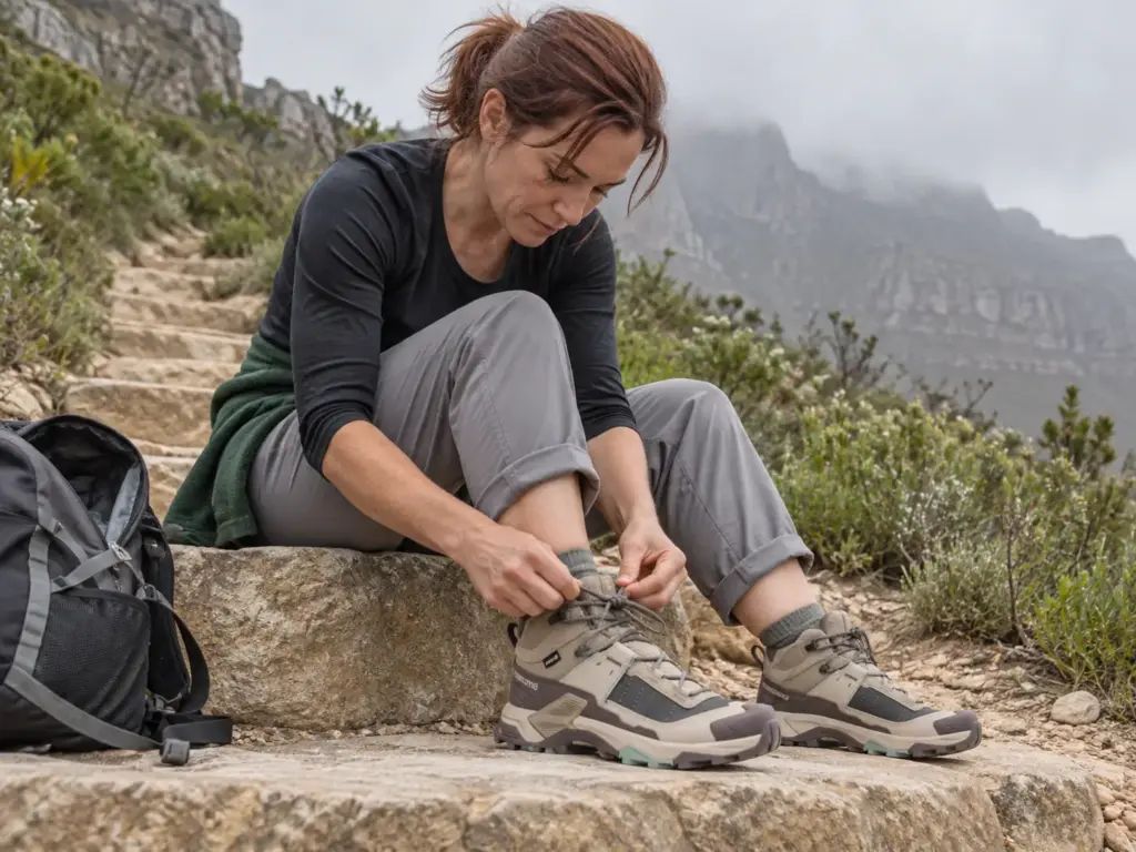 Woman laces Salomon X Ultra 5 Mid GTX boots on a wide stone step at the foot of Platteklip Gorge on Table Mountain