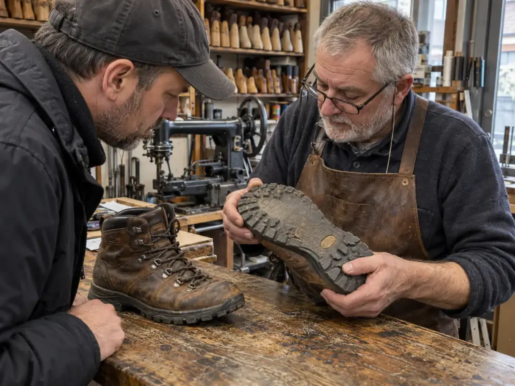 Cobbler showing a customer the worn forefoot of his men's leather hiking boots at a shoe-repair counter