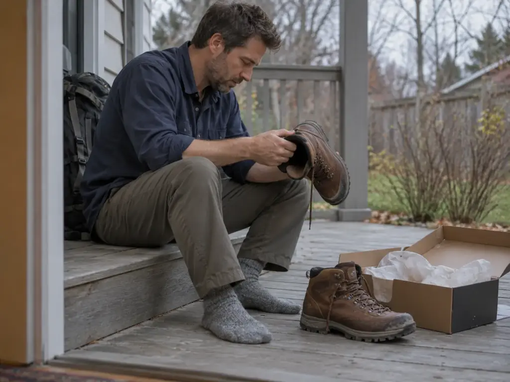 Man in socks on a back step after a hike, checking the inside of a dusty leather hiking boot beside its open shoebox