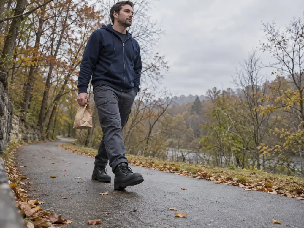 Man in his 30s walking a paved greenway path at lunchtime in stiff new black steel-toe boots, paper lunch bag in hand